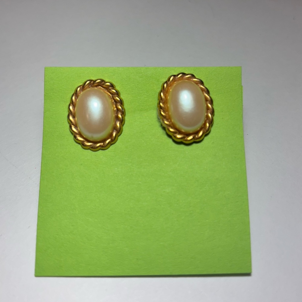 Pearl Stud Earrings with Gold Border